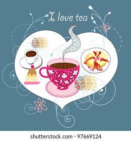 postcard with tea and cakes