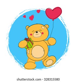 postcard "Teddy bear with balloon heart-shaped and gift"
