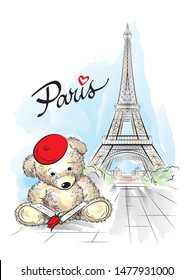 Postcard with Teddy bear and Eiffel tower from Paris, France. Vector illustration
