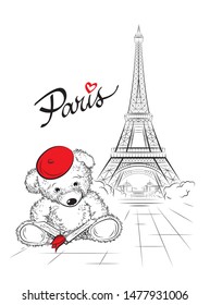 Postcard with Teddy bear and Eiffel tower from Paris, France. Vector illustration