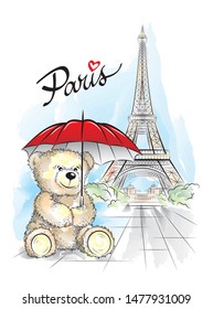 Postcard with Teddy bear and Eiffel tower from Paris, France. Vector illustration