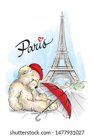 Postcard with Teddy bear and Eiffel tower from Paris, France. Vector illustration