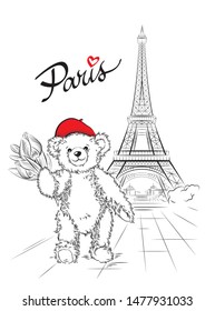Postcard with Teddy bear and Eiffel tower from Paris, France. Vector illustration