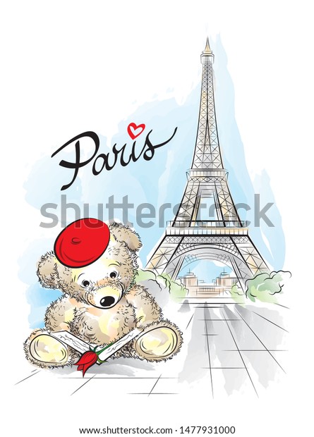 フランスのパリのテディベアとエッフェル塔のはがき ベクターイラスト のベクター画像素材 ロイヤリティフリー