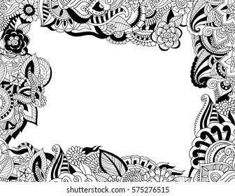 Postcard template in adult colouring book zentangle style. Vector zendoodle frame boarder