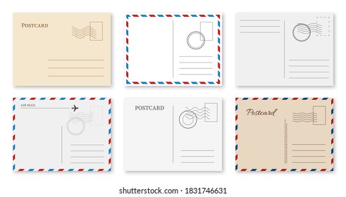 Plantilla de postal. Tarjeta postal vintage en blanco con sello postal para mensaje de bienvenida, carta de invitación reportar el viaje, kraft papel marco al revés vector de envío expreso postal aislado conjunto