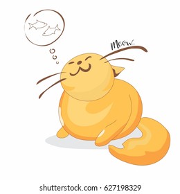 Postcard, template, cat on white background, red cat, thick, light dream, sweet dream, flies in the clouds
