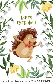 Postcard template with cheerful Hedgehog and flowers