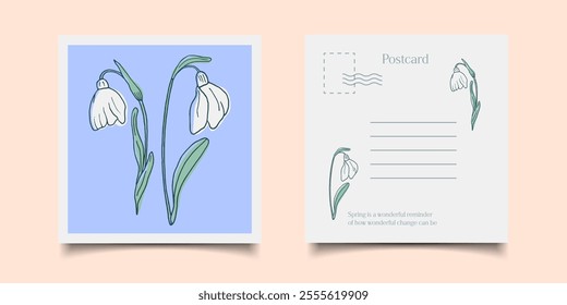 A postcard template with the concept of a spring snowdrop flower, made in a retro style. Square composition, Easter holiday, women's day, birthday.