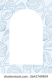 Postcard template with contour pattern of shells in blue color. Vector card.