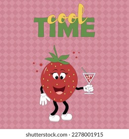 Plantilla de postales - tiempo fresco. Fresa de caricatura con un cóctel en la mano. Divertida fiesta. Ilustración vectorial de personajes de mascota de frutas. Fondo rosado a cuadros. Para portadas, libros y folletos,