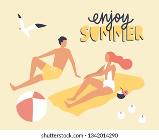 Postcard template with couple dressed in swimwear sitting on beach and sunbathing and Enjoy Summer slogan handwritten with cursive calligraphic font. Relax at seaside resort. Flat vector illustration.