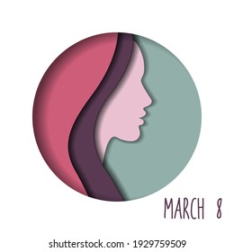 postcard, template, cover for the International women's Day in the style of paper cutting. silhouette of a female profile with long hair in the center of a circle on a white background. vector EPS 
		