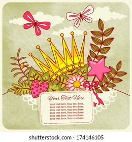 Postcard template with crown and flowers. Watercolor background