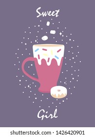 Postcard template with cute cup and donut. For card, t-shirt, textile graphic