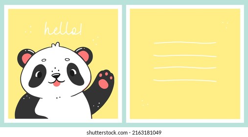 A postcard template with a cute panda and the inscription hello. The concept of card for children. Vector animal illustration.