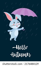 A postcard template with a cute rabbit, the symbol of the year 2023 in the Chinese calendar. Handwritten text "Hello Autumn". Vector stock illustration