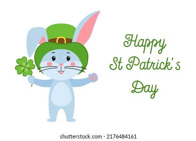 A postcard template with a cute rabbit, the symbol of the year 2023 in the Chinese calendar. Handwritten text of "Happy St. Patrick's Day". Vector stock illustration.