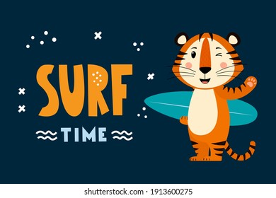 A postcard template with a cute surfer tiger, the symbol of the year 2022 in the Chinese calendar. Handwritten text "surf time". Vector stock illustration.