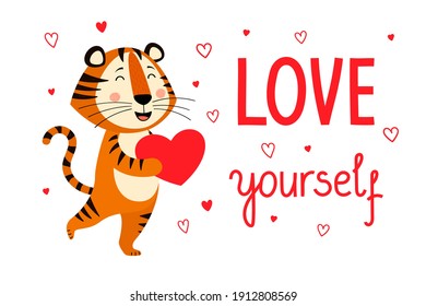 A postcard template with a cute tiger, the symbol of the year 2022 in the Chinese calendar. The handwritten text "Love yourself". Vector stock illustration.