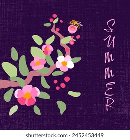 Postcard template dark background branch of a blooming apple tree. Pink sakura. Summer poster square banner texture. Flat vector illustration