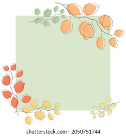 Postcard template design, linear eucalyptus leaves with colored autumn spots, minimalist style.