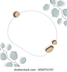 Postcard template design, linear eucalyptus leaves, chestnuts with colored spots, minimalist style.