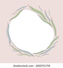 Postcard template design, linear leaves with green spots, minimalist style with pink background.