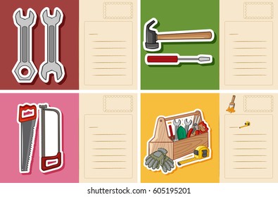 Postcard template with different tools illustration