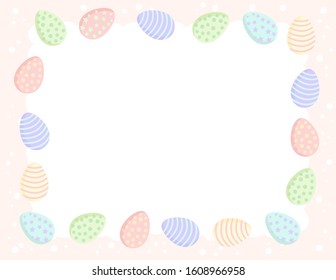 Postcard template with Easter eggs in pastel colors. Printable stationary mockup with cute Ostara colored eggs frame composition. Clipart banner.