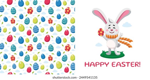 Postcard template with Easter rabbit holding Ester egg showing thumbs up. Vector illustration of bunny and seamless pattern with Easter eggs. Happy Easter concept. Cartoon style