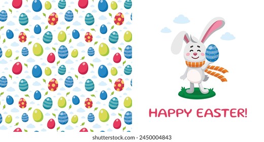 Postcard template with Easter rabbit holding Ester egg. Vector illustration of bunny and seamless pattern with Easter eggs. Happy Easter concept. Cartoon style