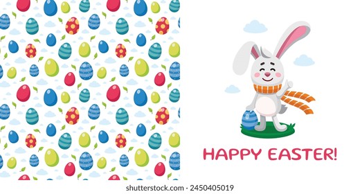 Postcard template with Easter rabbit holding Ester egg showing thumbs up. Vector illustration of bunny and seamless pattern with Easter eggs. Happy Easter concept. Cartoon style