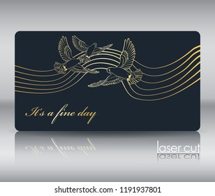 Postcard template, envelope for laser cutting. Sketch drawing of flying pigeons. Vintage paper cut style. Drawing suitable for printing, engraving, laser cutting paper, wood, metal, stencil making.