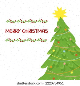 Postcard template with fir tree for Merry Christmas. An elegant Christmas tree and a garland of red berries and green leaves are a symbol of the holiday. Vector illustration. For covers, brochures