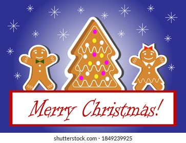 Postcard template with gingerbread cookies for Christmas and New Year. Gingerbread men and a tree. For packaging goods, shops, congratulations and gifts. Vector illustration.