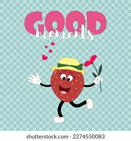Postcard template - Good moment. Cartoon character - a strawberry in love in a hat and with a flower. Vector illustration of fruit. Blue background. For covers and posters, books and brochures, social