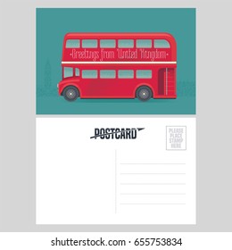 Postcard template with greetings from United Kingdom, UK with red double-decker. Symbol of London in vector illustration