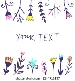 Postcard template with hand drawn doodle flowers. Vector illustration.