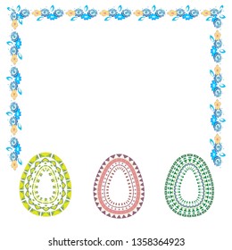 Postcard template with Happy Easter  colorful decorated eggs on white background. Flat vector illustration for spring religious holiday celebration. ornament eggs and flowers