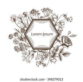 postcard template invitation with flowers vector illustration in retro style hand- made