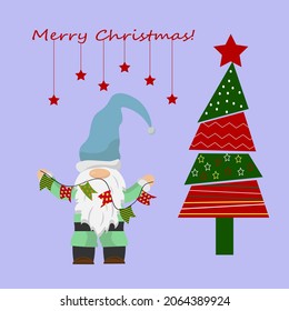 Postcard template with little gnome and christmas tree. Festive Christmas illustration. Vector drawing. For use in packaging, prints, for kids, shops, postcards and invitations, flyers, brochures and