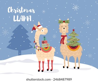 Postcard template with llama and alpaca. Cute animals with Christmas tree and gifts. Christmas and New Year. Wildlife cartoon character. Flat vector.