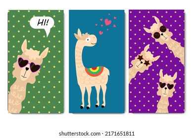 Postcard template with llamas. Funny animals on a colored background. Vector illustration. For holidays, cards and invitations, covers and brochures, prints for children, interior design, packaging an