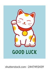 Postcard Template with Maneki Neko Japanese cat. Symbol of good luck, fortune and prosperity. Doodle style vector illustration