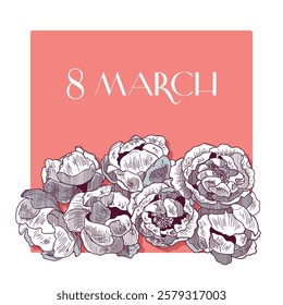 A postcard template from March 8th with painted white peonies.