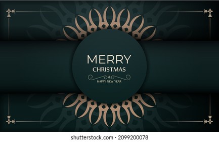 Postcard template Merry christmas in dark green color with luxurious yellow ornament