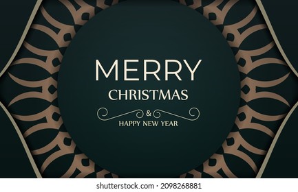 Postcard template Merry Christmas and Happy New Year in dark green color with winter yellow ornament