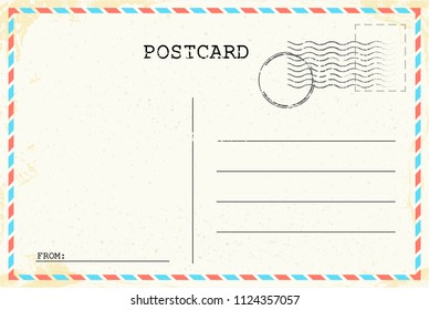 Postcard template. Old vintage Retro envelope with stamp. Vector illustration. EPS 10