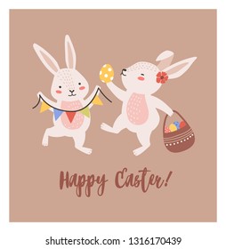 Postcard template with pair of lovely bunnies or rabbits holding basket with decorated eggs and flag garland and Happy Easter wish handwritten with cursive font. Flat holiday vector illustration.